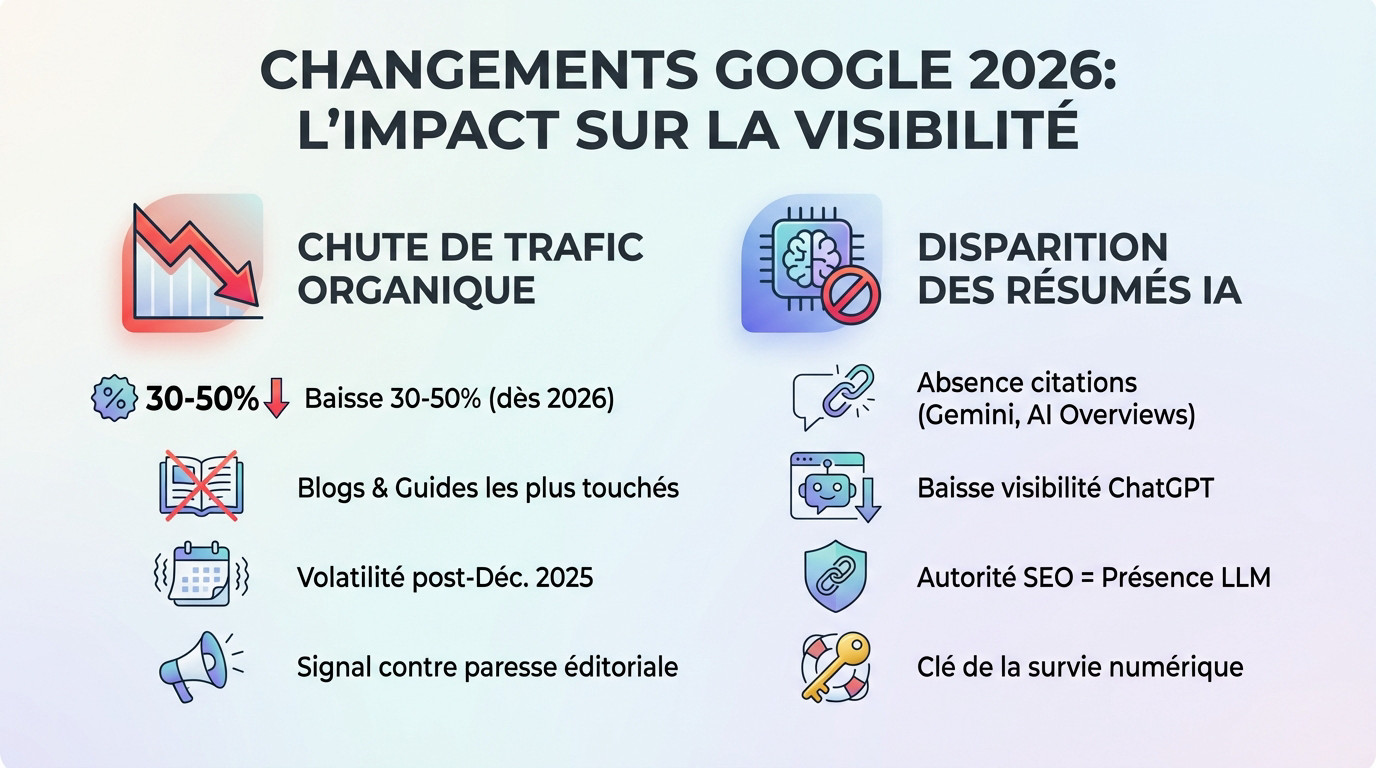 Graphique montrant la chute de visibilité des listicles autopromotionnels en 2026