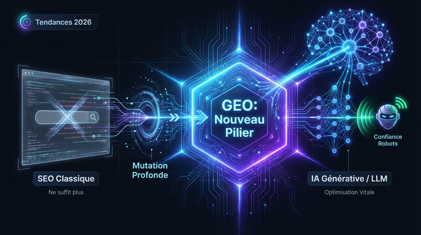 Schéma explicatif du Generative Engine Optimization comme nouveau pilier stratégique