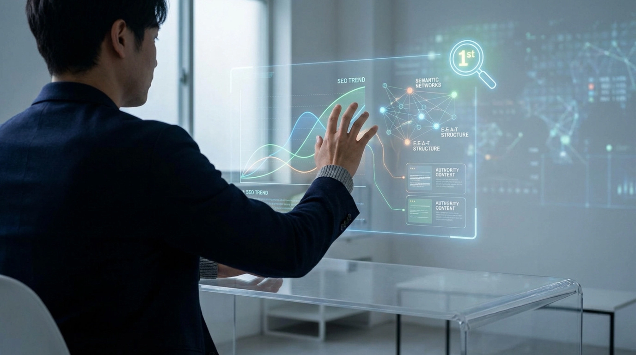Person in smart casual attire interacts with a transparent holographic display. Screen shows SEO trends, E-E-A-T data, and a '1st' rank.
