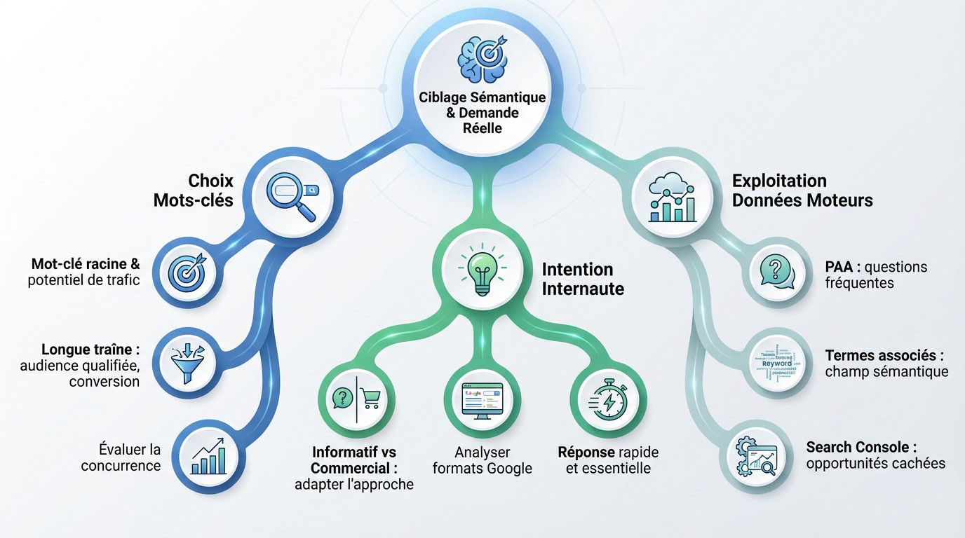 Infographie illustrant le processus de ciblage sémantique et l'analyse de la demande réelle en SEO
