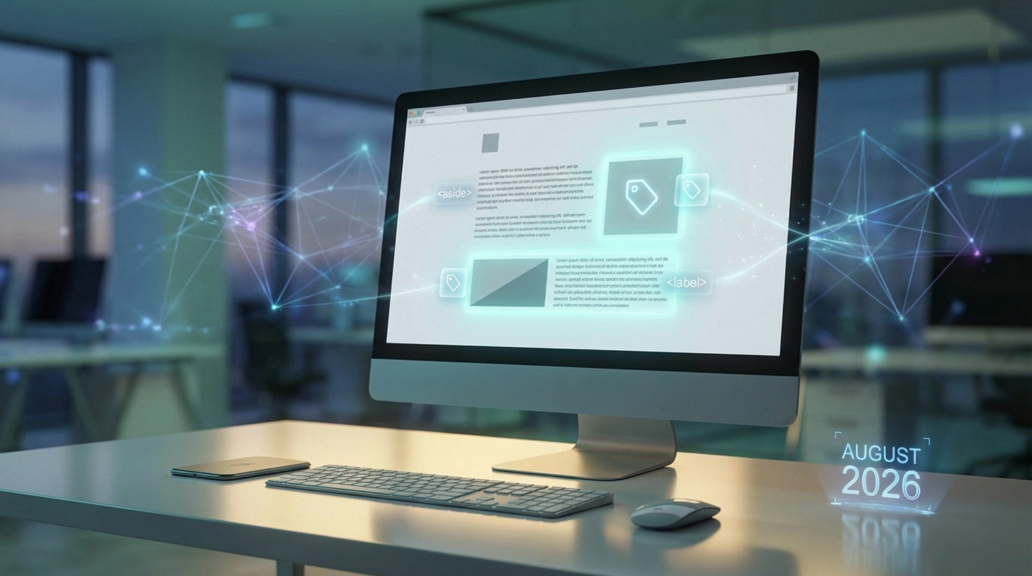 A futuristic computer monitor displays a webpage with AI-highlighted sections and HTML-like labels. A holographic 'August 2026' is on the desk, with glowing AI nodes in the background.