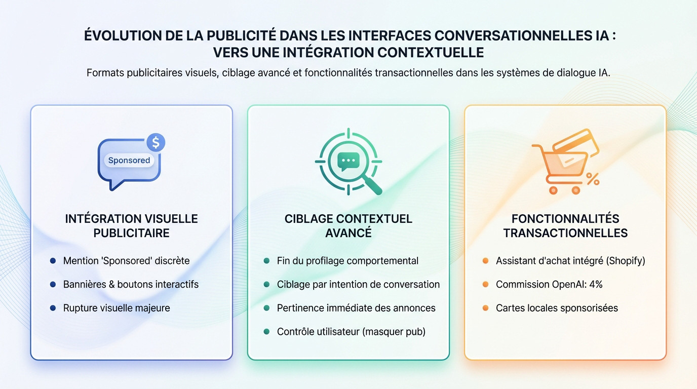 Interface publicitaire ChatGPT montrant l'intégration visuelle des annonces sponsorisées et les options transactionnelles