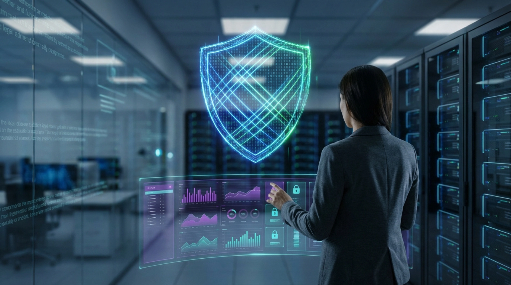 Une personne en datacenter interagit avec un tableau de bord holographique affichant un bouclier de sécurité et des graphiques de données.
