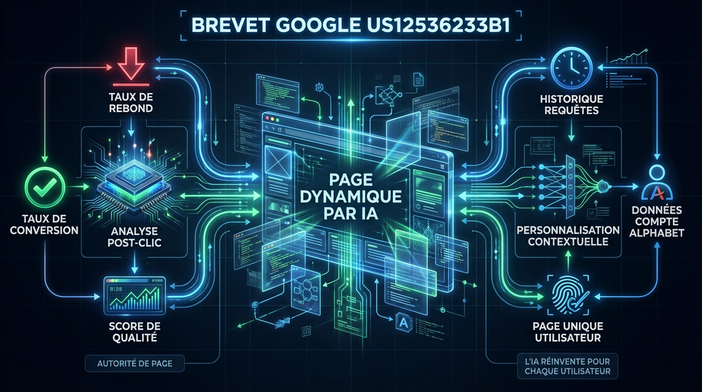 Schéma technique du brevet Google US12536233B1 sur la génération de pages par IA