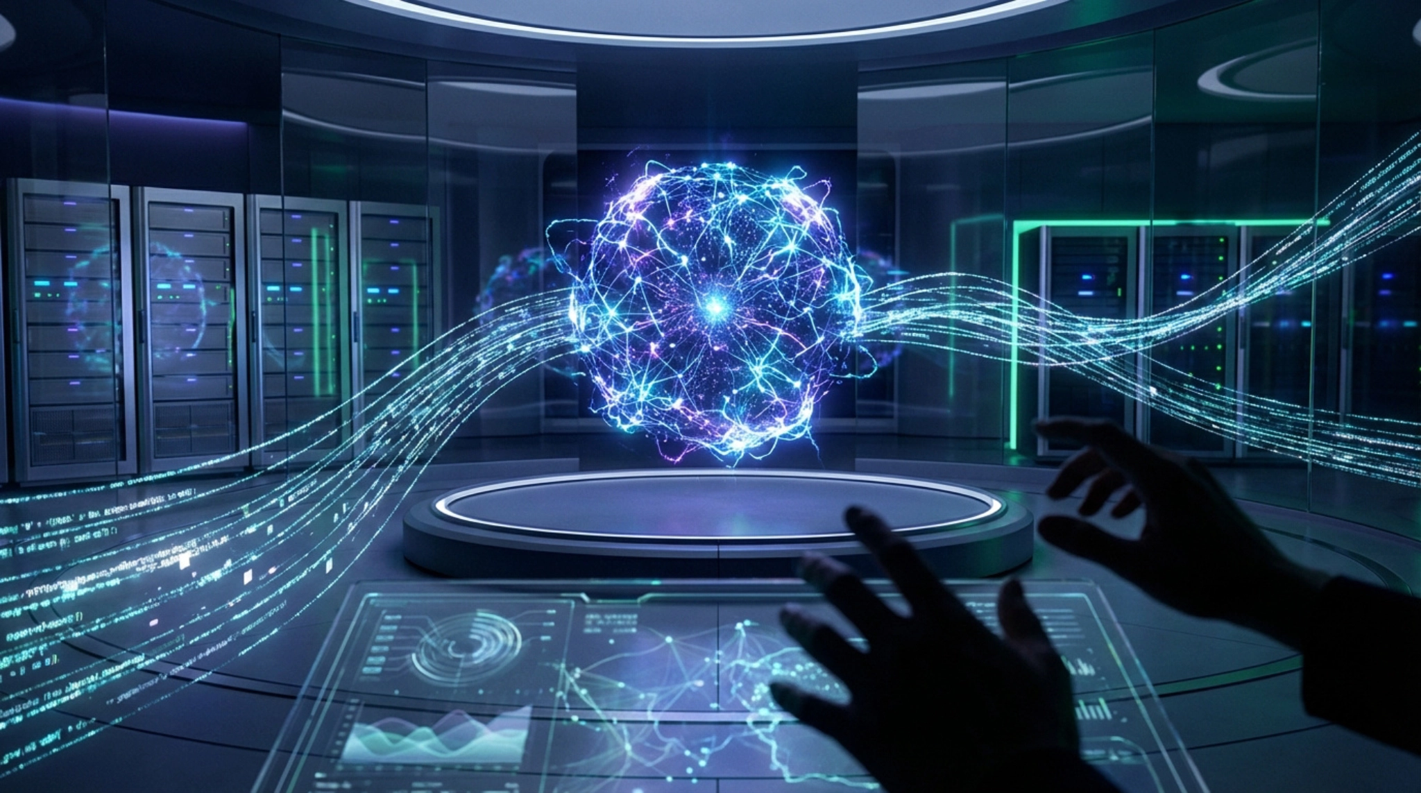 Une salle de serveurs futuriste avec une sphère d'IA lumineuse au centre, des flux de données et des mains interagissant avec un écran tactile.