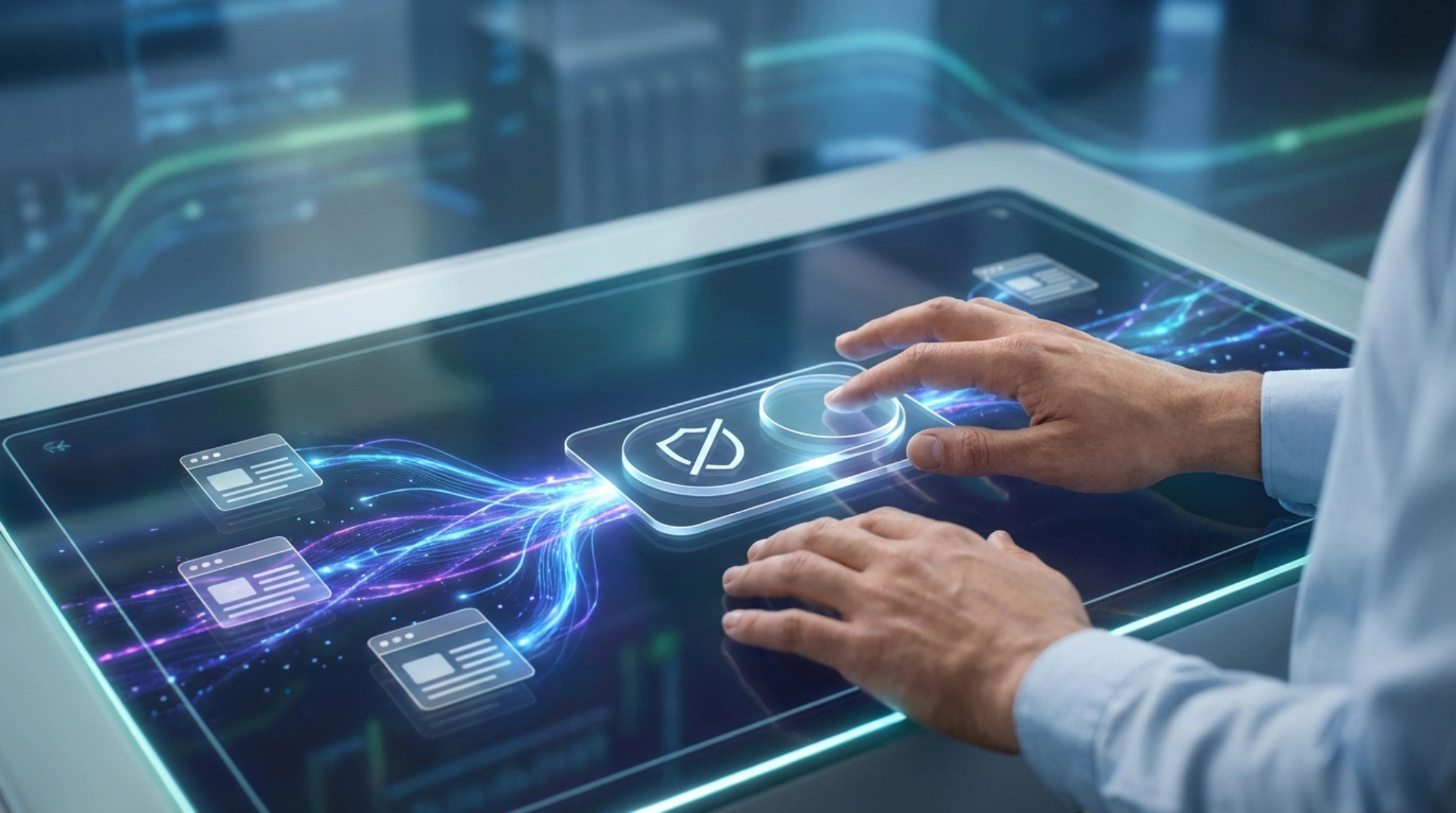 Mains sur un écran tactile futuriste. Un bouton avec un symbole d'exclusion IA est activé, dirigeant des flux de données vers des icônes de pages web.