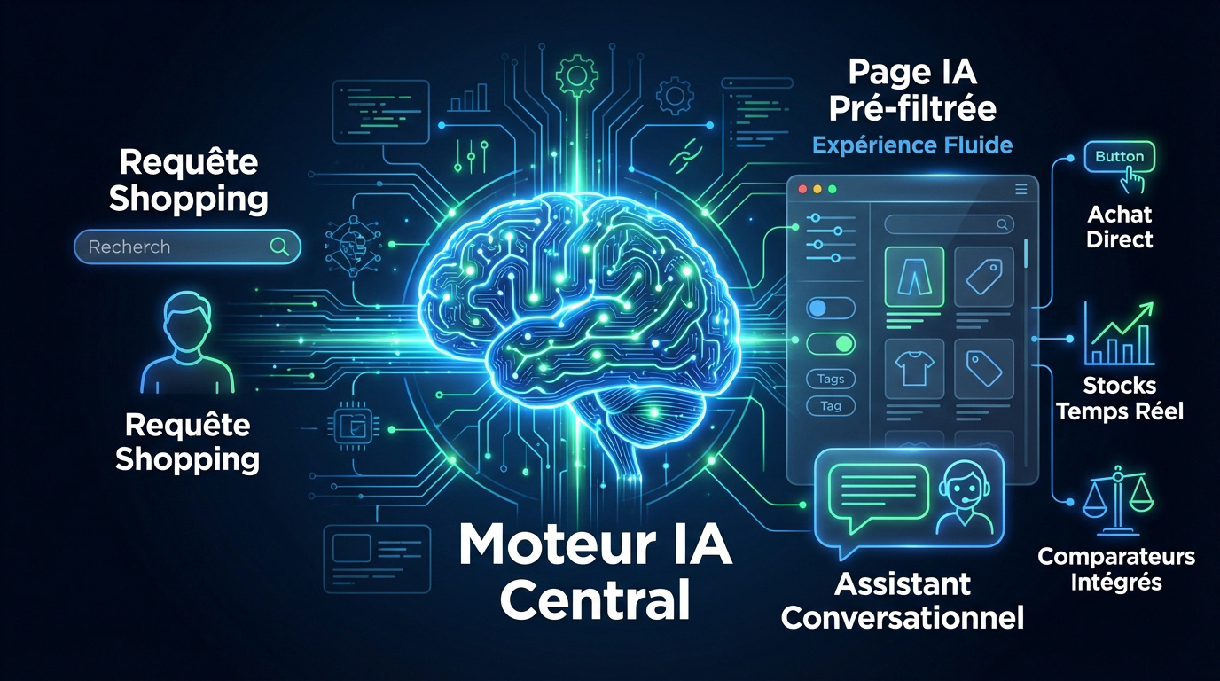 Interface de recherche Google avec des fonctionnalités de shopping générées par IA