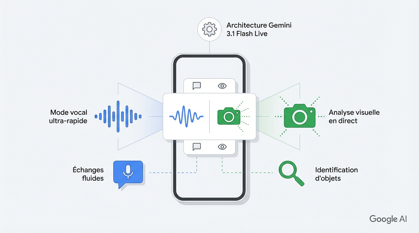 Infographie montrant le fonctionnement de l'IA Gemini 3.1 Flash Live sur un smartphone pour la recherche visuelle