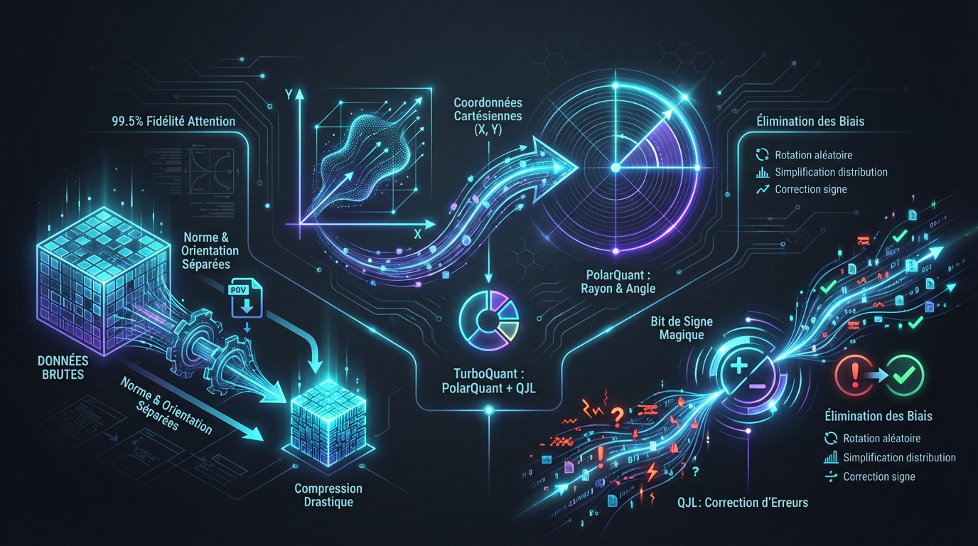 Infographie expliquant le fonctionnement de TurboQuant, PolarQuant et QJL pour l'optimisation des LLM