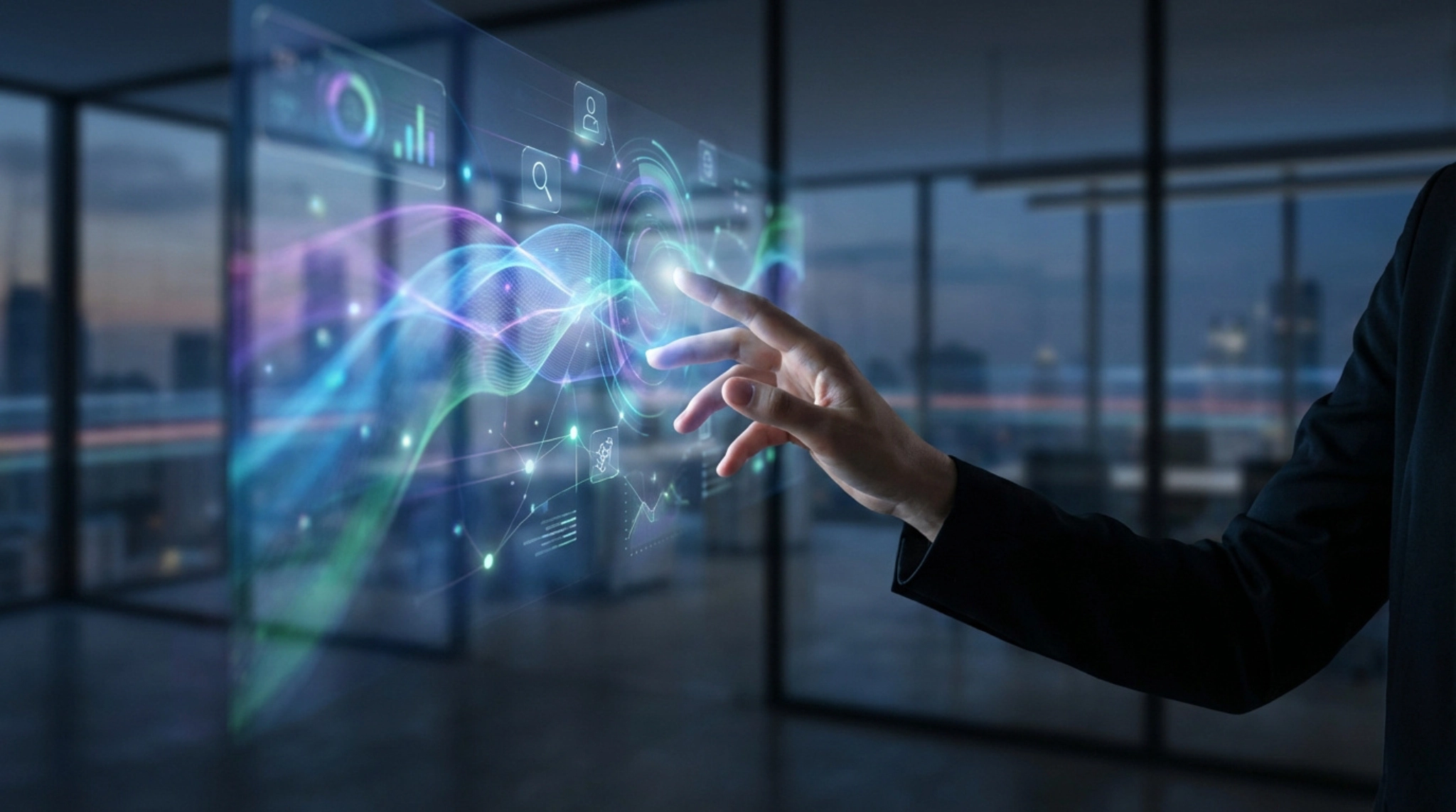 Main touchant un affichage holographique interactif avec des graphiques de données et des flux d'énergie lumineux dans un bureau moderne.