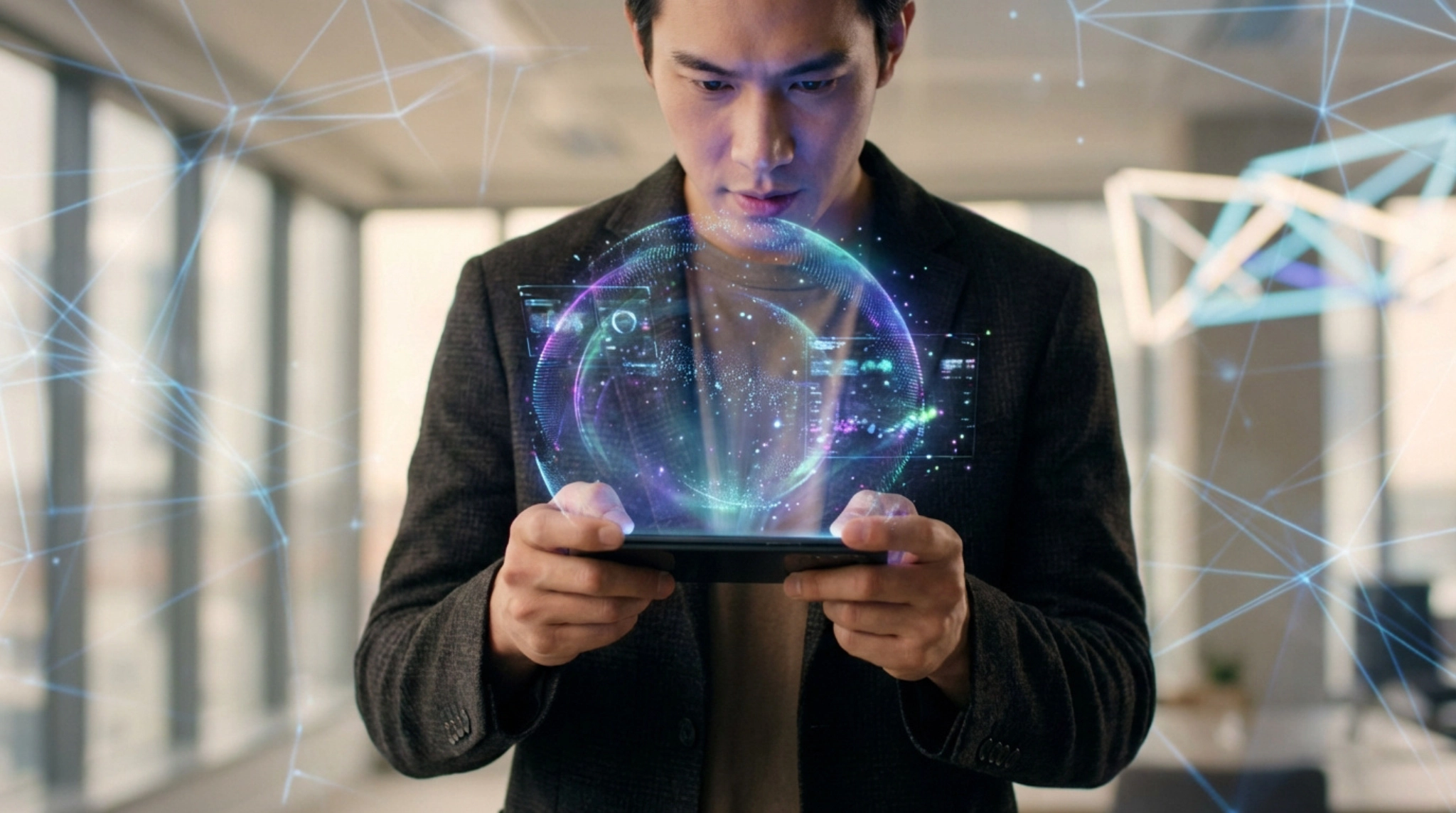 Homme tenant un smartphone avec une projection holographique interactive de données, représentant l'IA en temps réel.