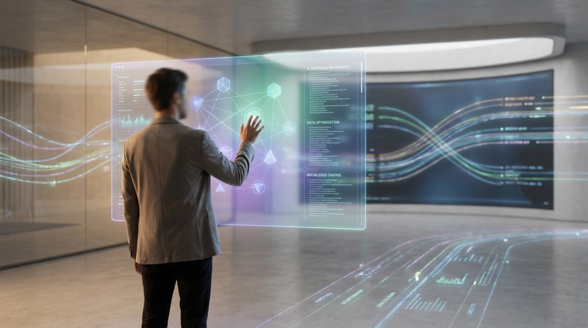 Homme interagissant avec un écran holographique affichant des données et des graphes d'IA pour l'optimisation. Environnement futuriste.