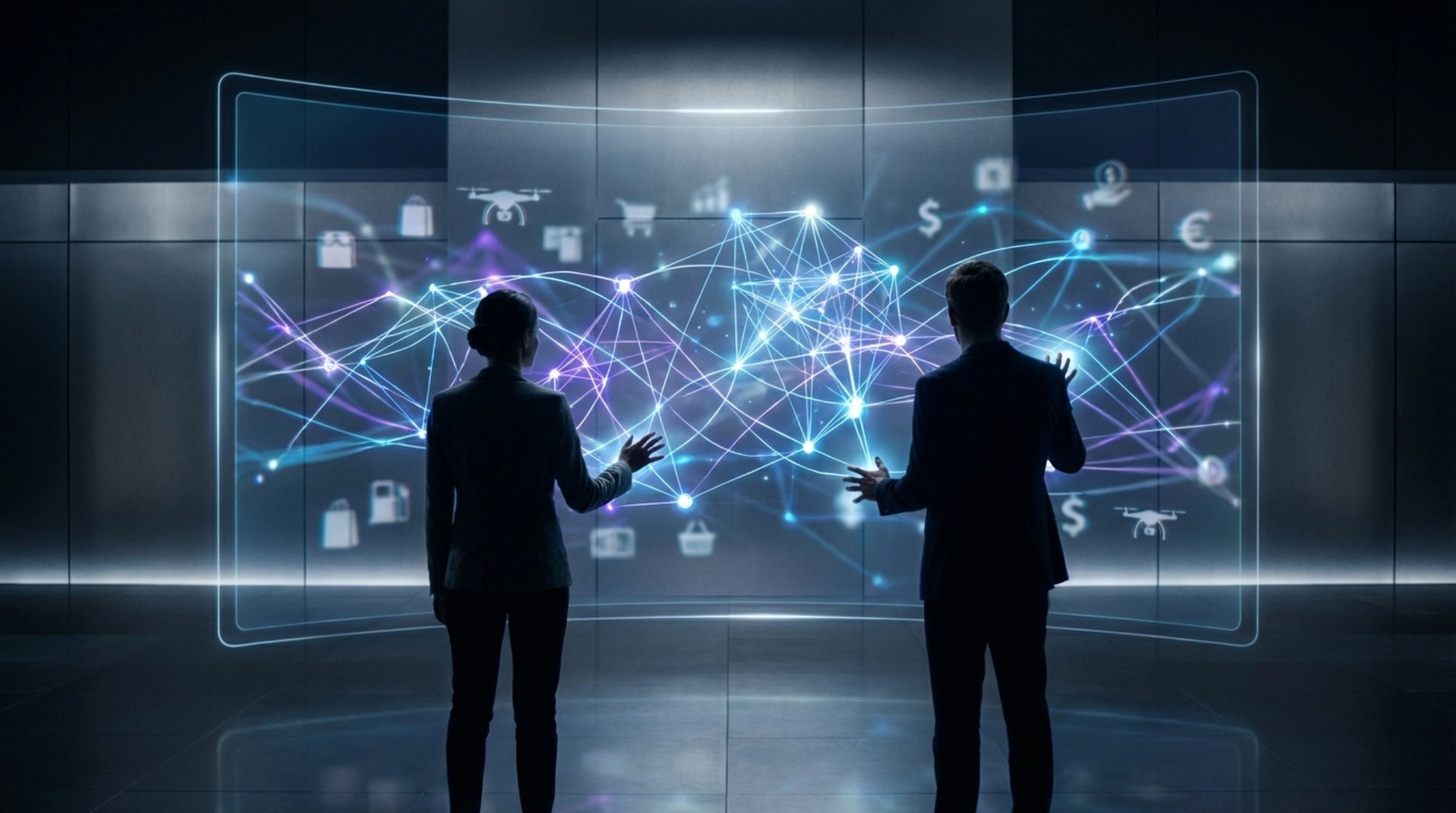 Deux professionnels devant un écran interactif futuriste, affichant un réseau de données lumineux et des icônes de commerce global.