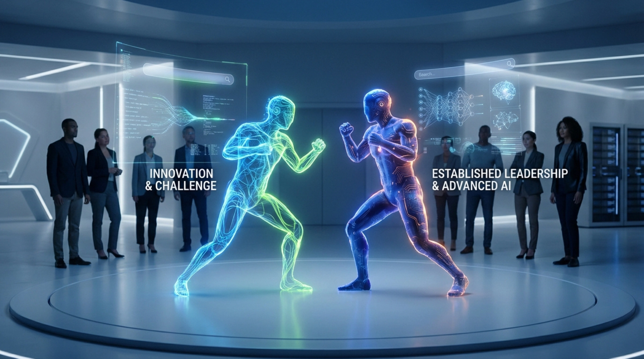 Image futuriste de deux figures numériques en duel, symbolisant Yahoo Scout contre Google et l'IA, observées par des experts.