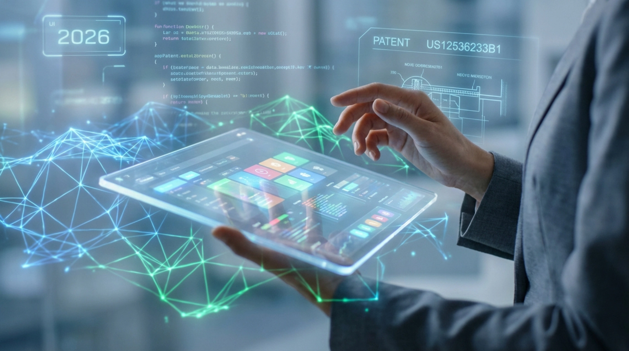 Gros plan sur une personne utilisant une tablette transparente avec interface futuriste, affichant du code, un brevet numérique et un réseau de données. La main interagit avec l'écran tactile.