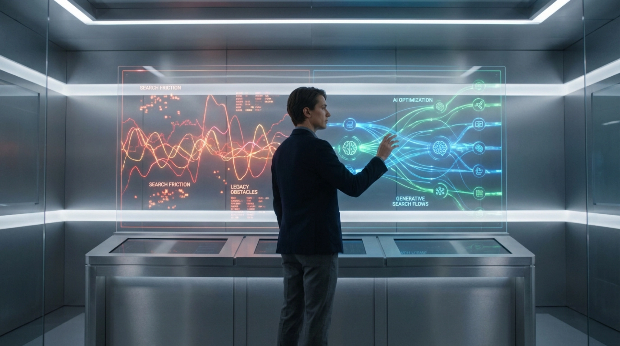 Homme interagissant avec un écran holographique montrant des données d'audit IA, avec des frictions de recherche (rouge) et optimisation IA (bleu-vert).