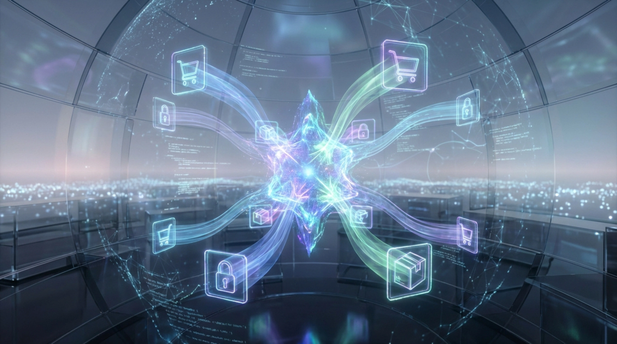 Image numérique futuriste d'un noyau lumineux central connectant des icônes d'e-commerce (panier, cadenas, colis) dans un dôme transparent.