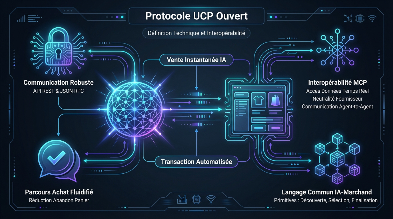Schéma technique du protocole Universal Commerce Protocol et son interopérabilité avec les agents IA
