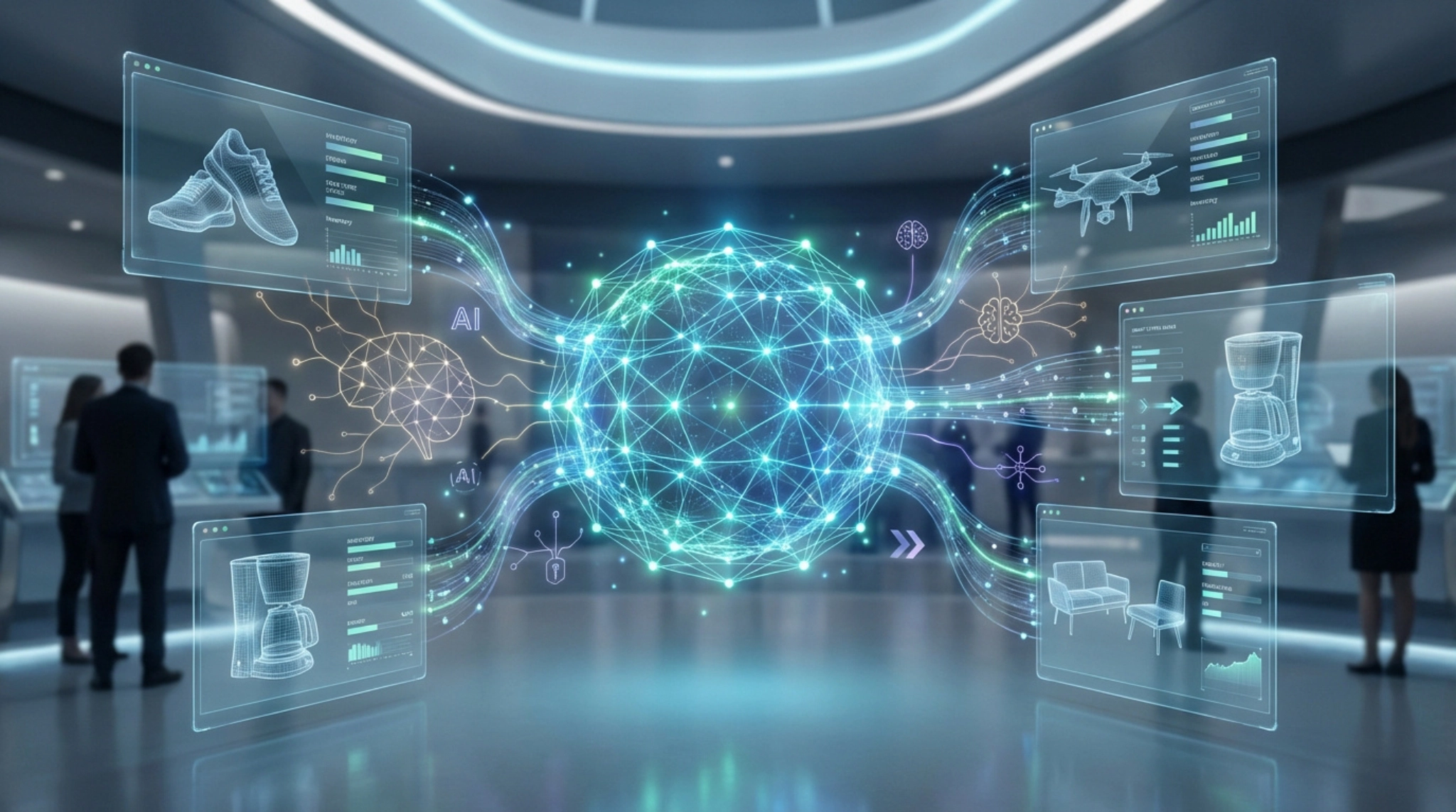 Représentation futuriste du commerce IA: un réseau central lumineux connecte des écrans holographiques affichant produits, données et personnes.