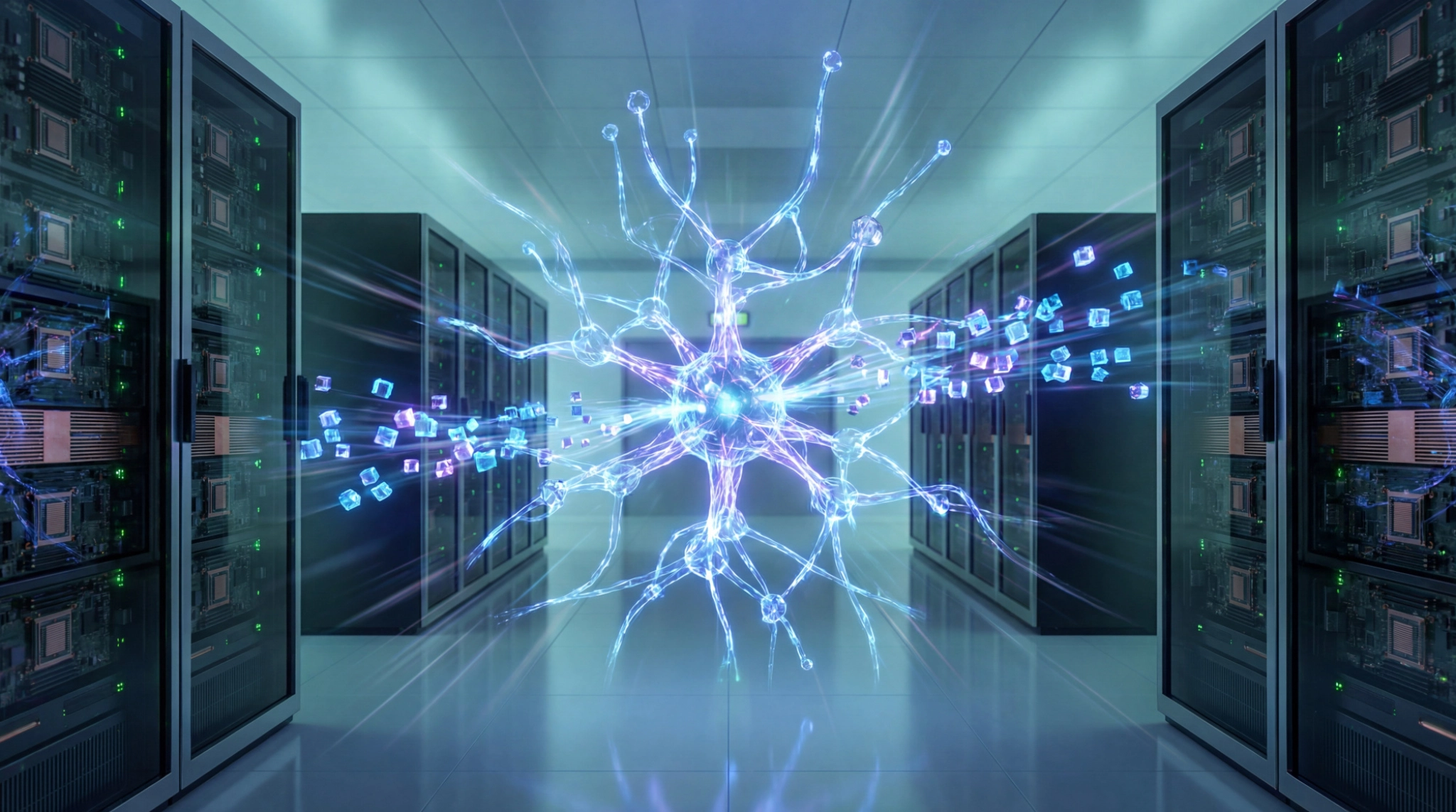 Représentation 3D d'un neurone lumineux au centre d'un datacenter, reliant des flux de données à des rangées de serveurs.