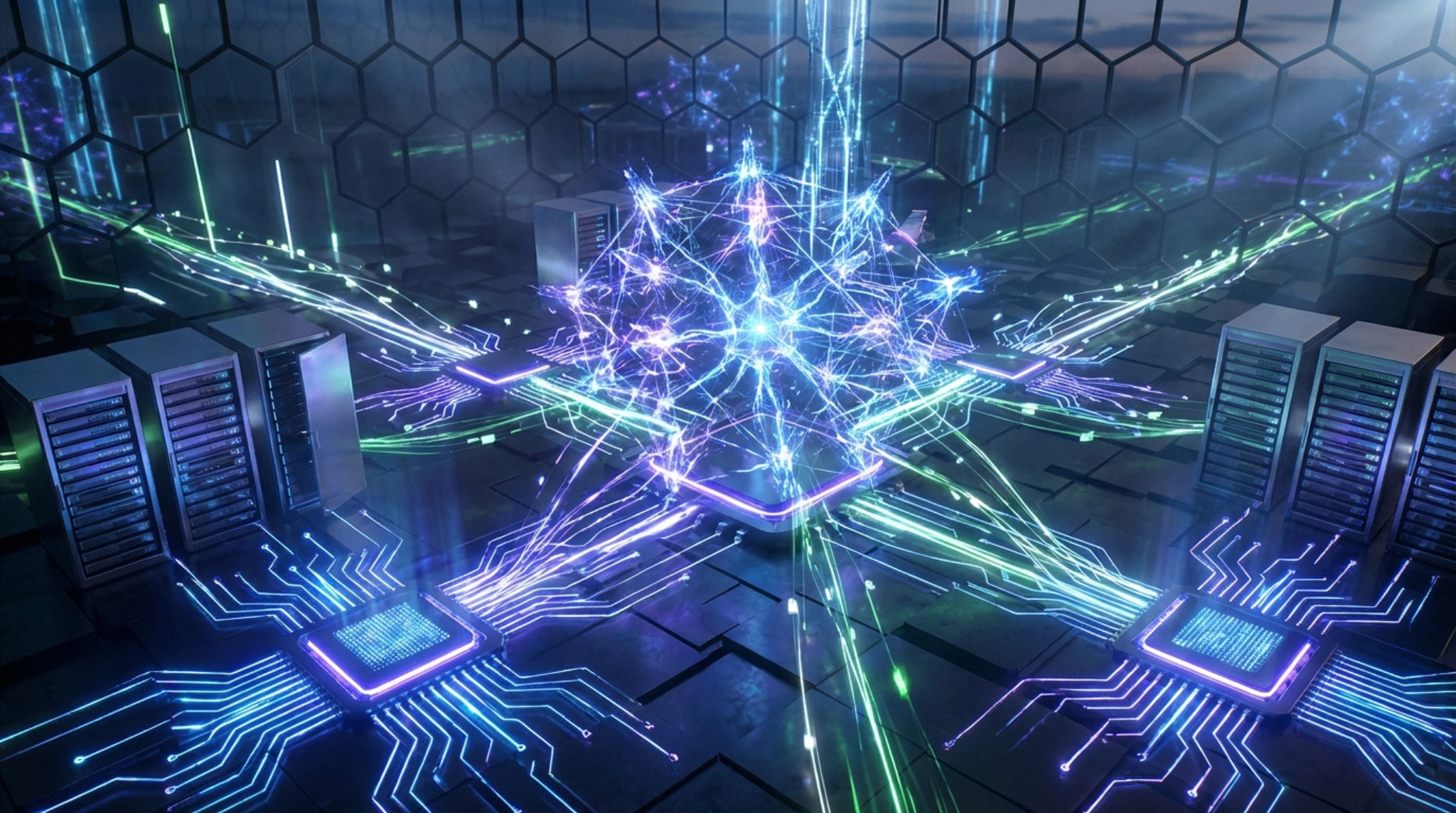 Illustration numérique d'un réseau neuronal, de puces lumineuses et de serveurs rackés, symbolisant l'IA et le calcul.