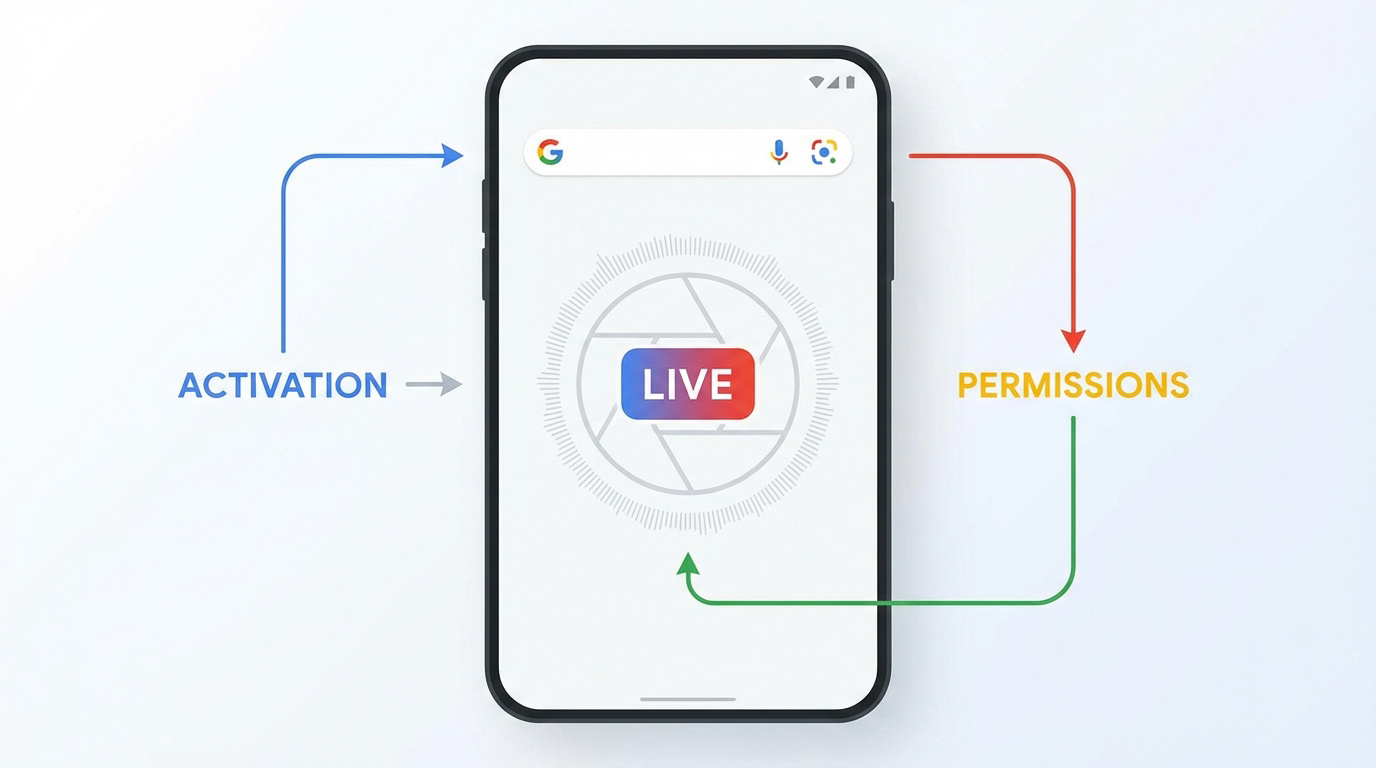 Interface utilisateur de Google Search Live sur un smartphone affichant les options vocales et caméra