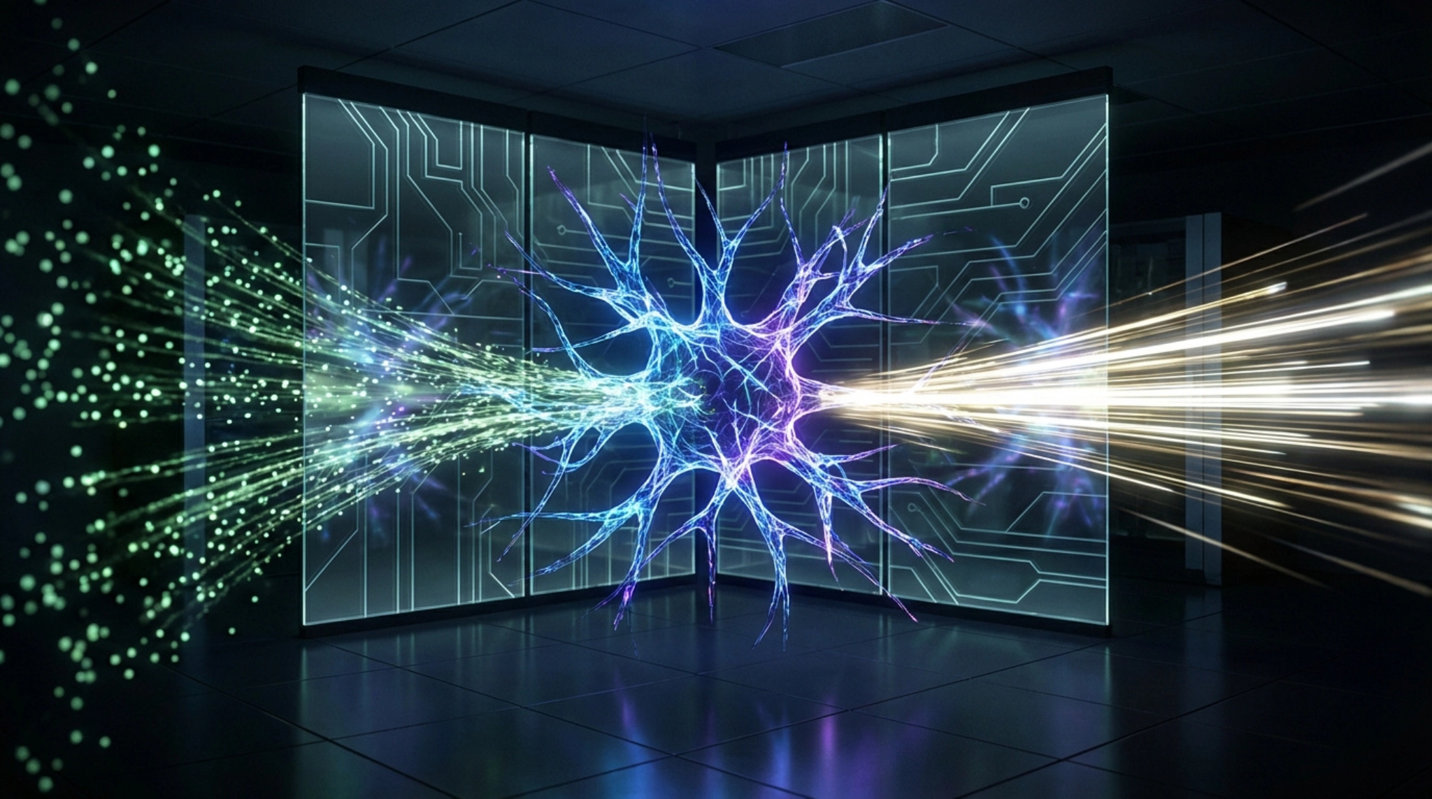 Image conceptuelle d'un neurone numérique lumineux recevant des flux de données rapides, symbolisant l'IA et le calcul accéléré.