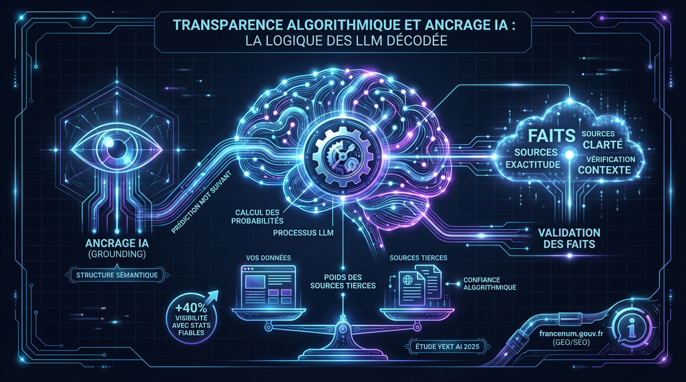 Schéma technique illustrant le processus d'ancrage et de probabilité des modèles de langage IA