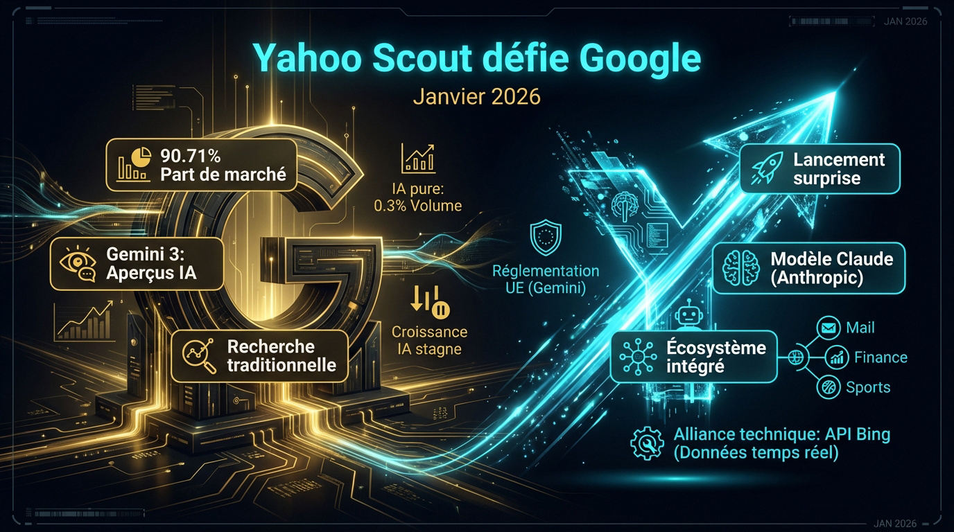Interface de Yahoo Scout et logo Google Search en 2026