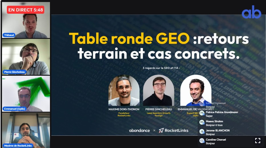 Table ronde GEO sur SEO et IA en direct.