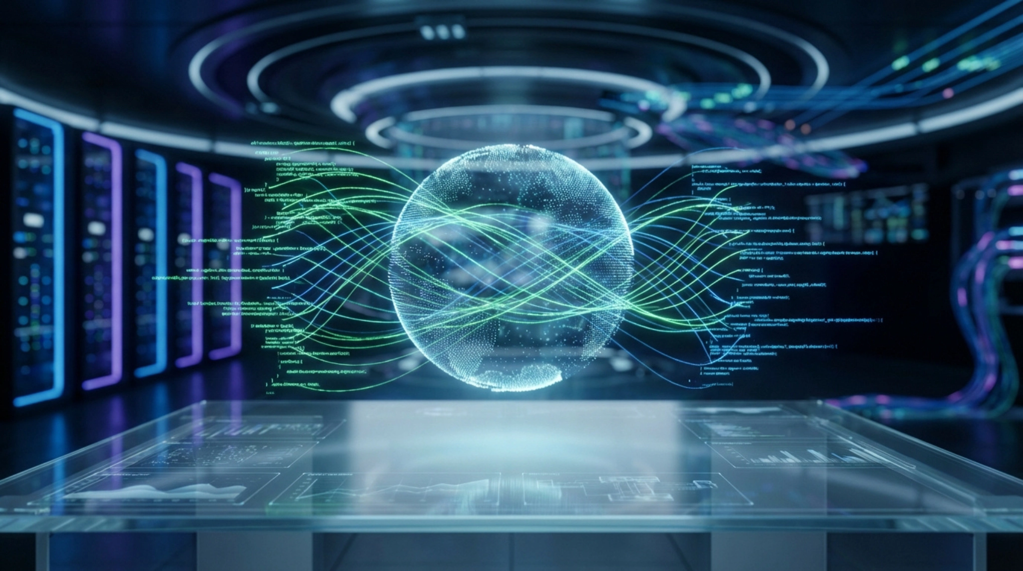 Représentation numérique d'un globe terrestre lumineux au centre d'un datacenter futuriste, entouré de lignes de code et de flux de données vertes.