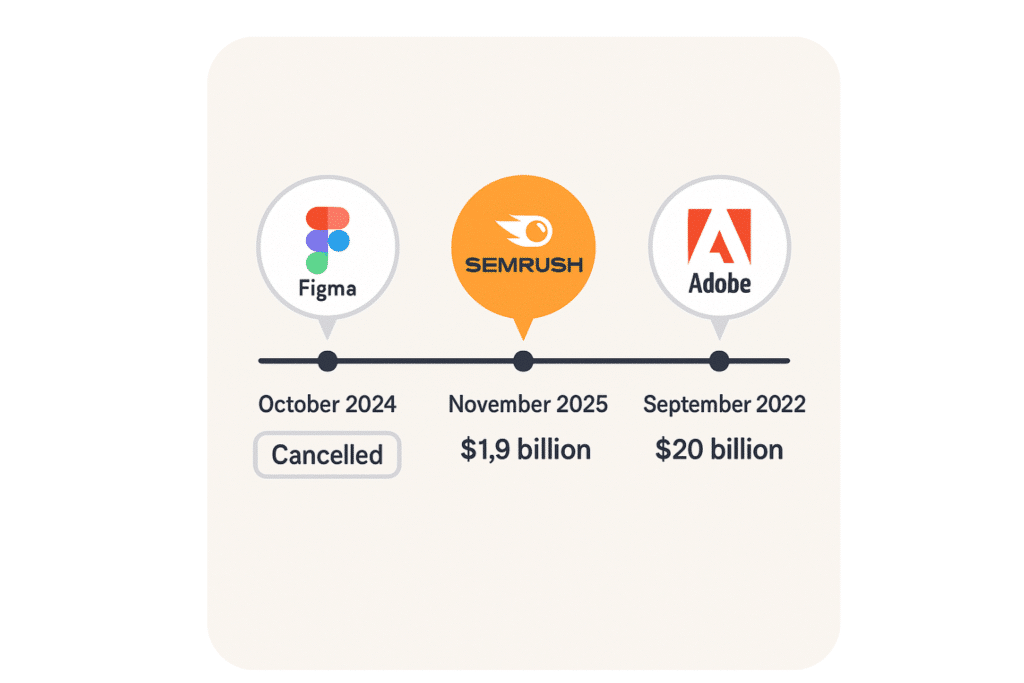 Chronologie acquisitions Figma, SEMrush, Adobe.