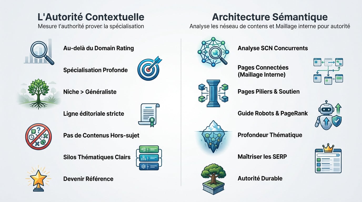 Schéma illustrant la construction de l'autorité SEO contextuelle et sémantique à travers le maillage interne