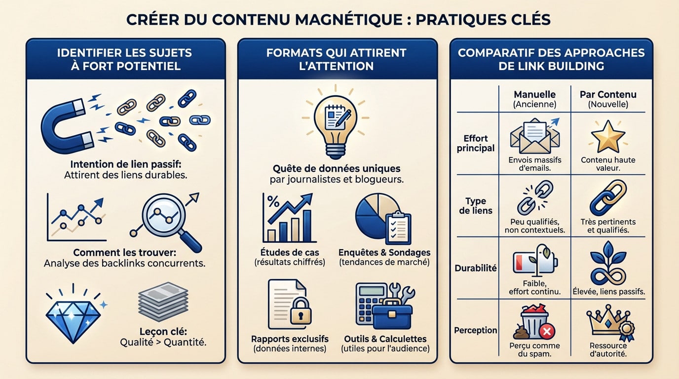 Schéma illustrant les pratiques clés pour créer du contenu magnétique et attirer des backlinks