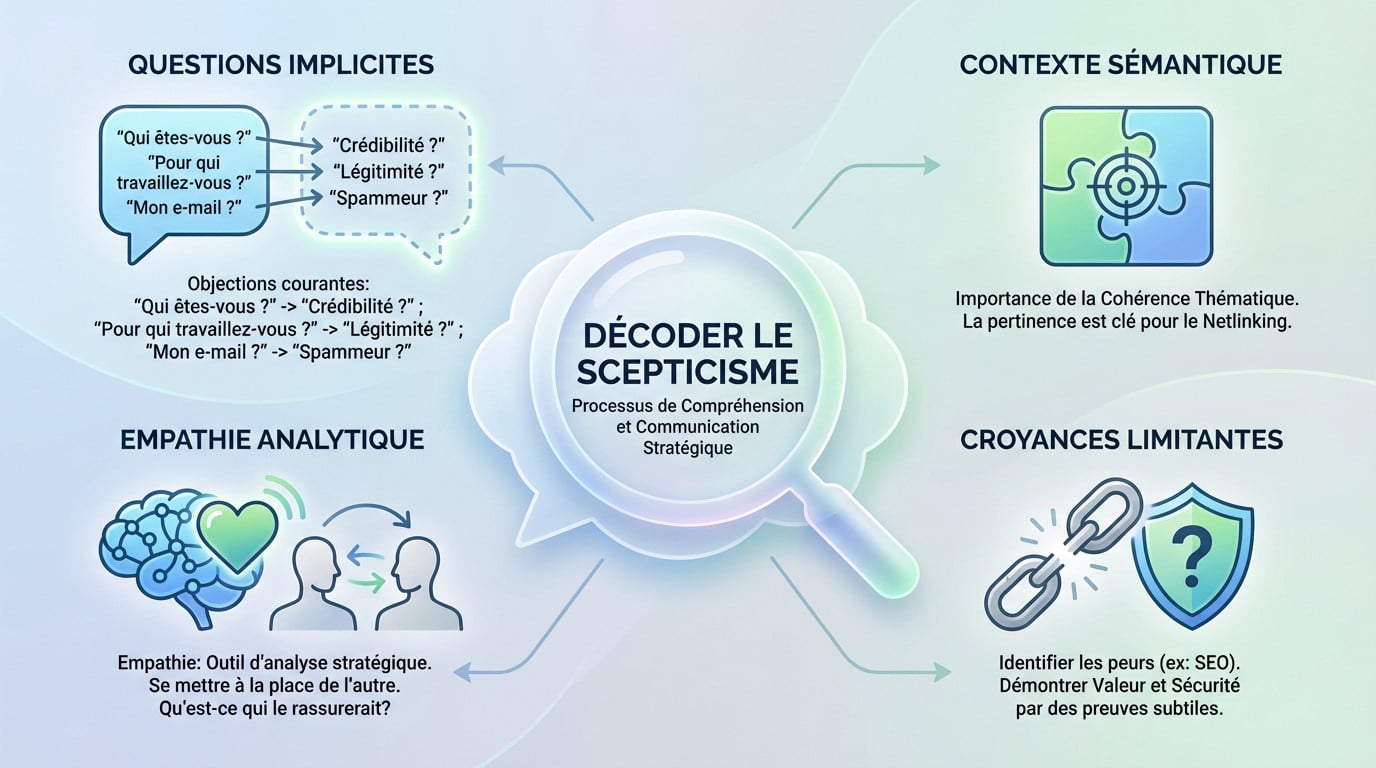 Schéma stratégique montrant comment analyser et répondre aux questions implicites lors d'une campagne de netlinking