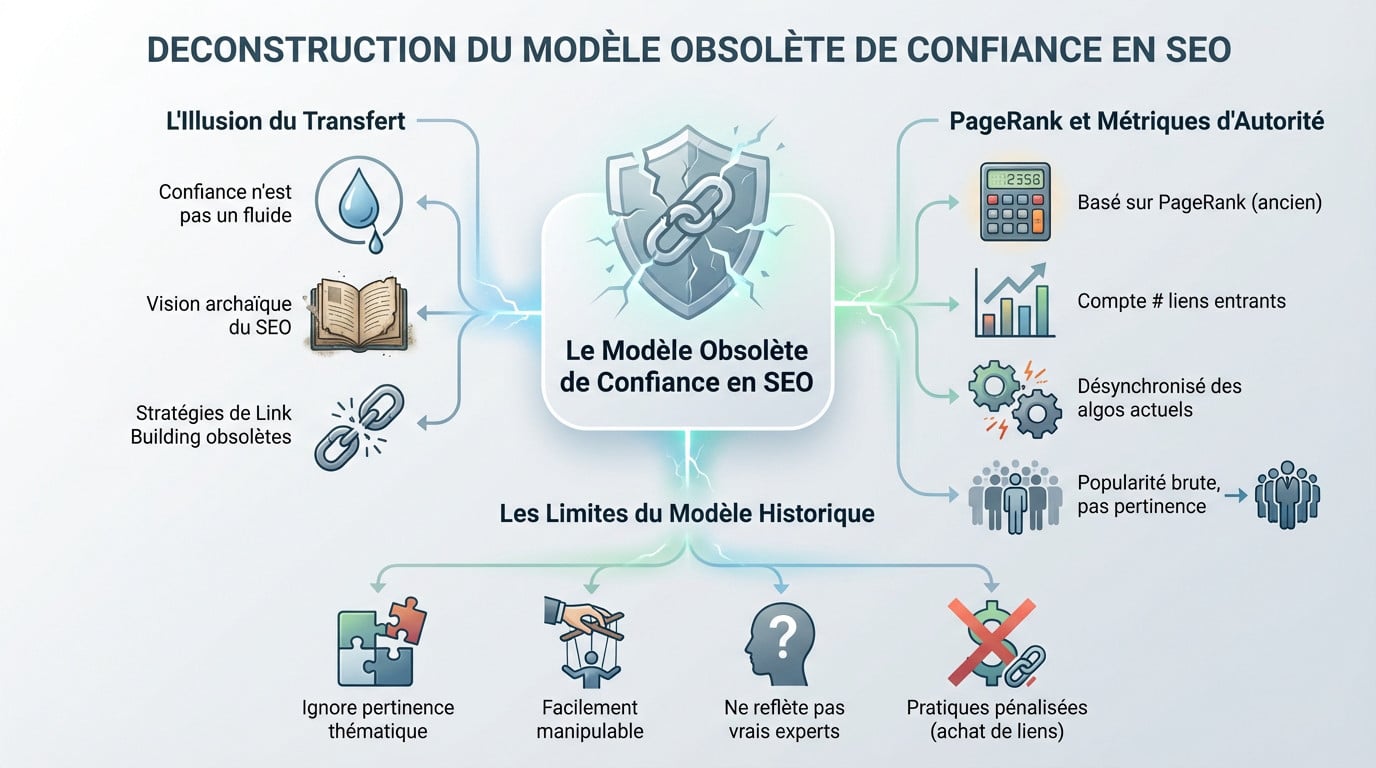 Schéma illustrant la déconstruction du modèle obsolète de confiance en SEO et l'importance de la distance thématique
