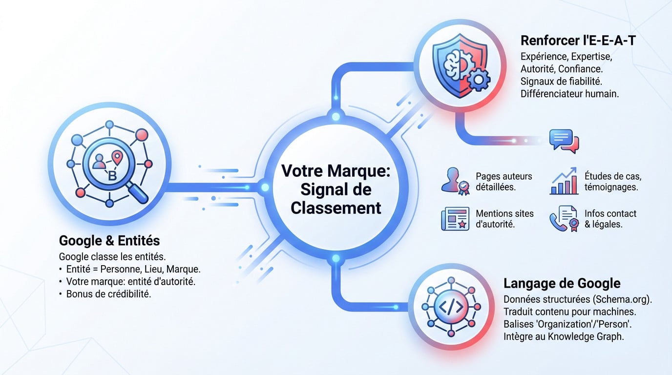 Infographie illustrant le concept d'entité SEO et son impact sur le classement Google