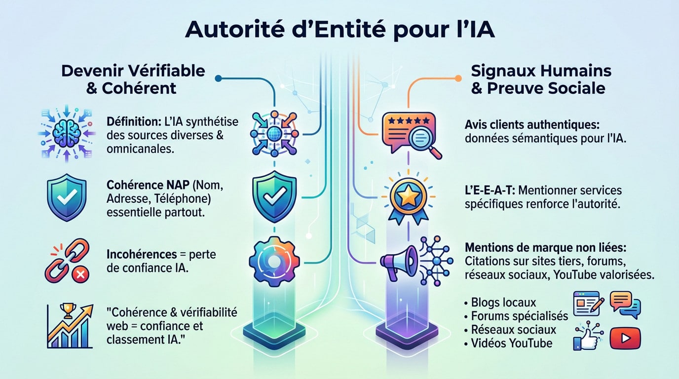 Schéma illustrant l'autorité d'entité comme pilier de confiance pour les algorithmes d'IA