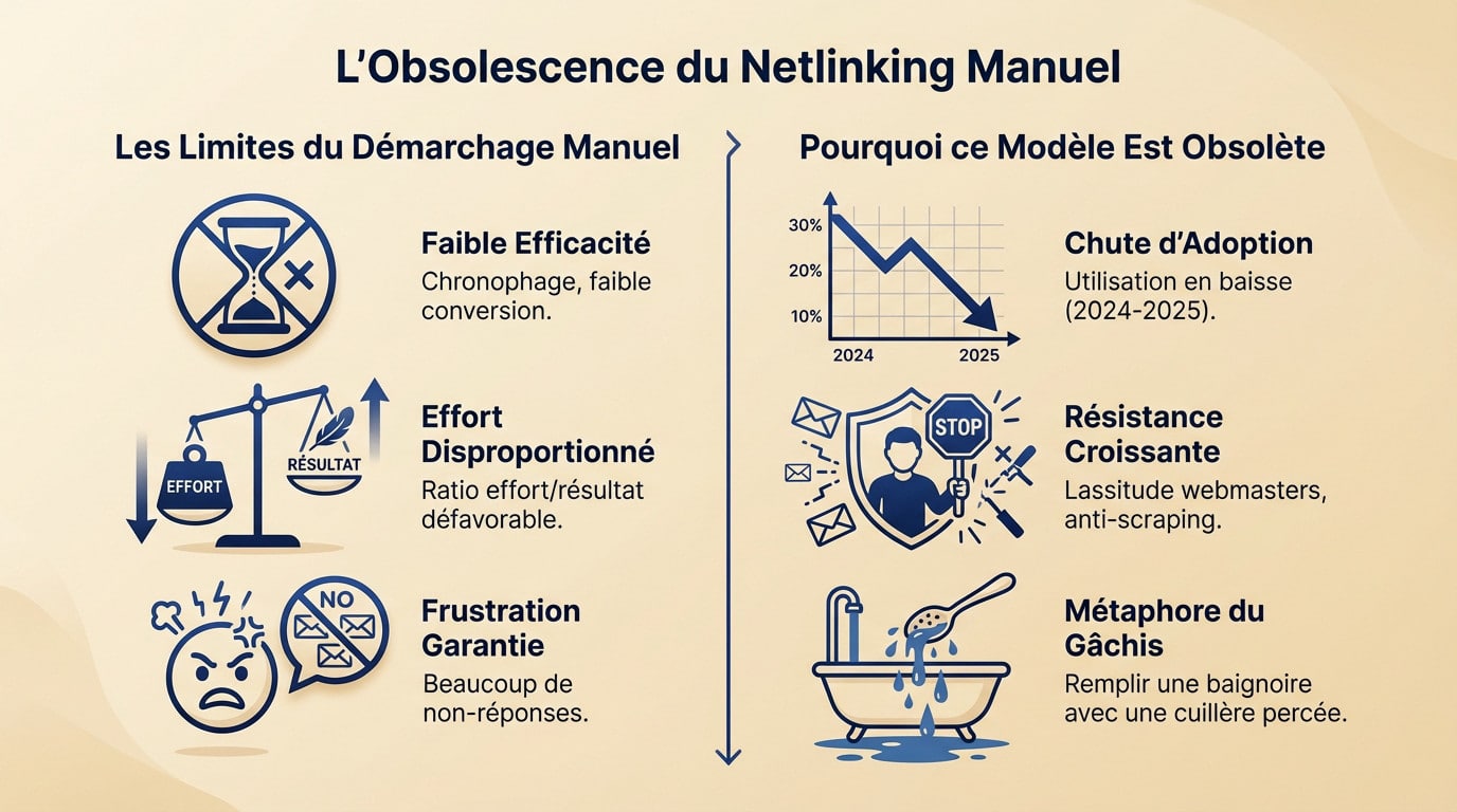 Graphique illustrant la baisse d'efficacité du démarchage manuel en SEO face aux nouvelles stratégies