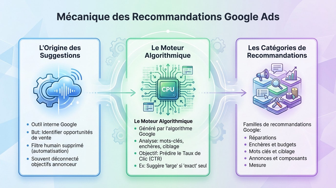 Schéma du fonctionnement algorithmique des recommandations Google Ads