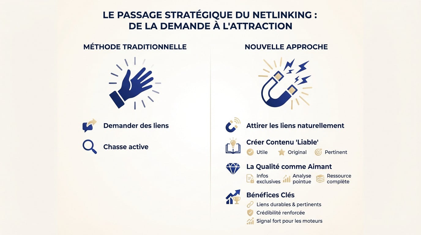 Schéma illustrant le passage du netlinking manuel vers l'attraction naturelle de liens via le contenu de qualité