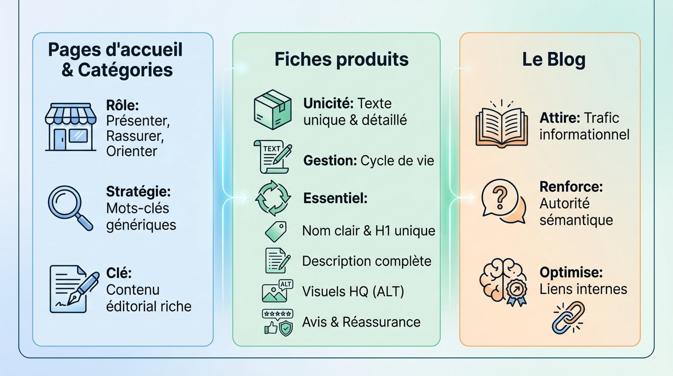 Stratégies de contenu e-commerce par type de page : accueil, catégories et produits