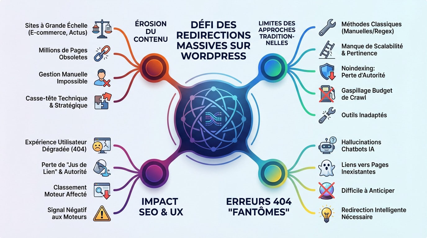 Illustration du défi des redirections massives et de l'optimisation SEO sur WordPress