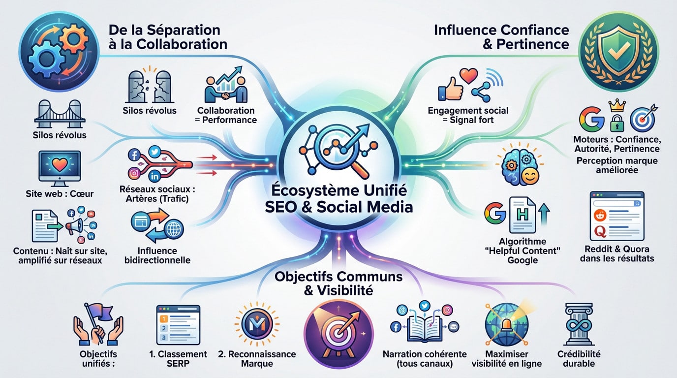 Schéma illustrant la synergie entre le SEO et les réseaux sociaux dans un écosystème numérique unifié