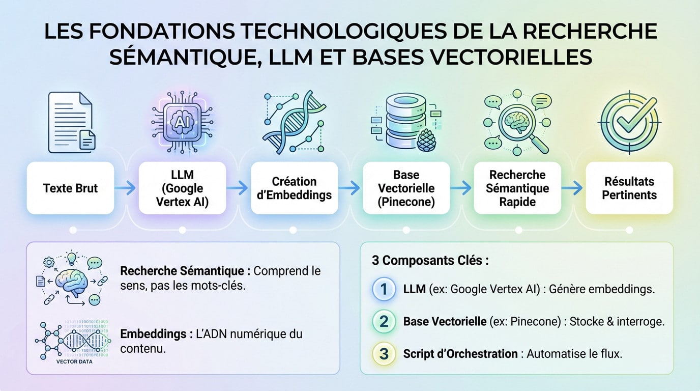 Schéma illustrant l'interaction entre LLM et bases de données vectorielles pour le SEO
