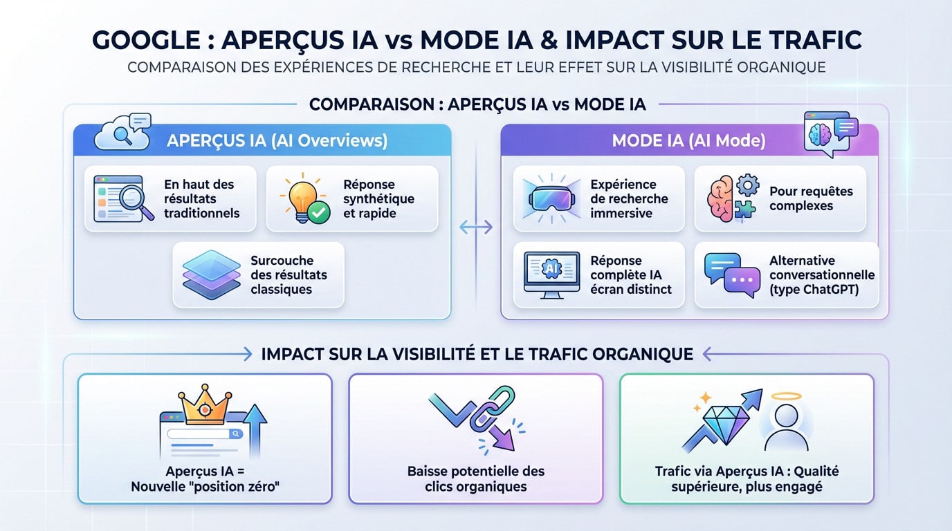 Comparaison visuelle entre les Aperçus IA de Google et le Mode IA montrant l'impact sur le trafic organique