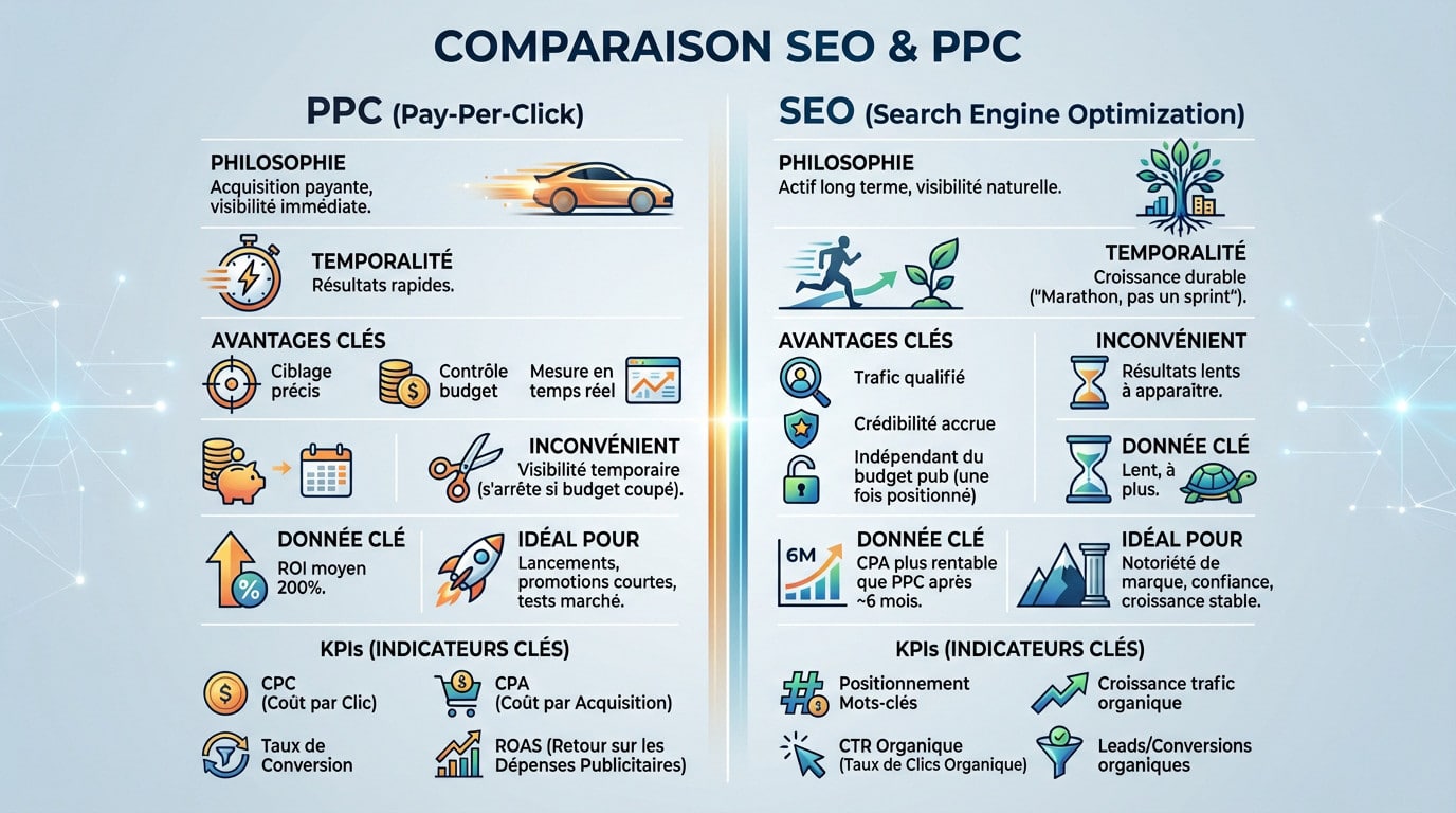 Infographie comparant les stratégies marketing SEO et PPC pour l'allocation budgétaire