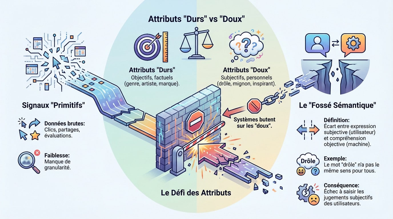 Illustration du mur de la subjectivité bloquant la compréhension sémantique dans les systèmes de recommandation actuels