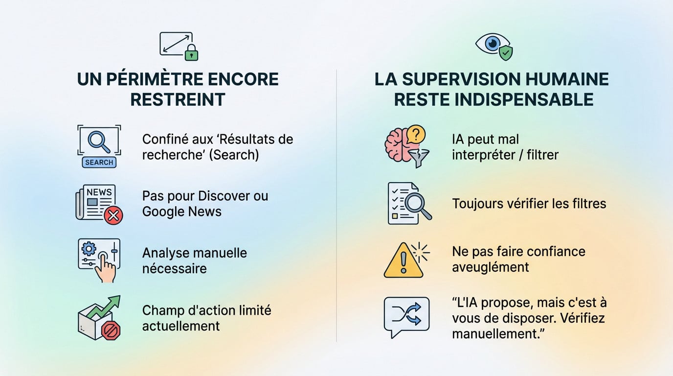 Interface Google Search Console montrant les limitations de la configuration par IA pour les rapports de performance