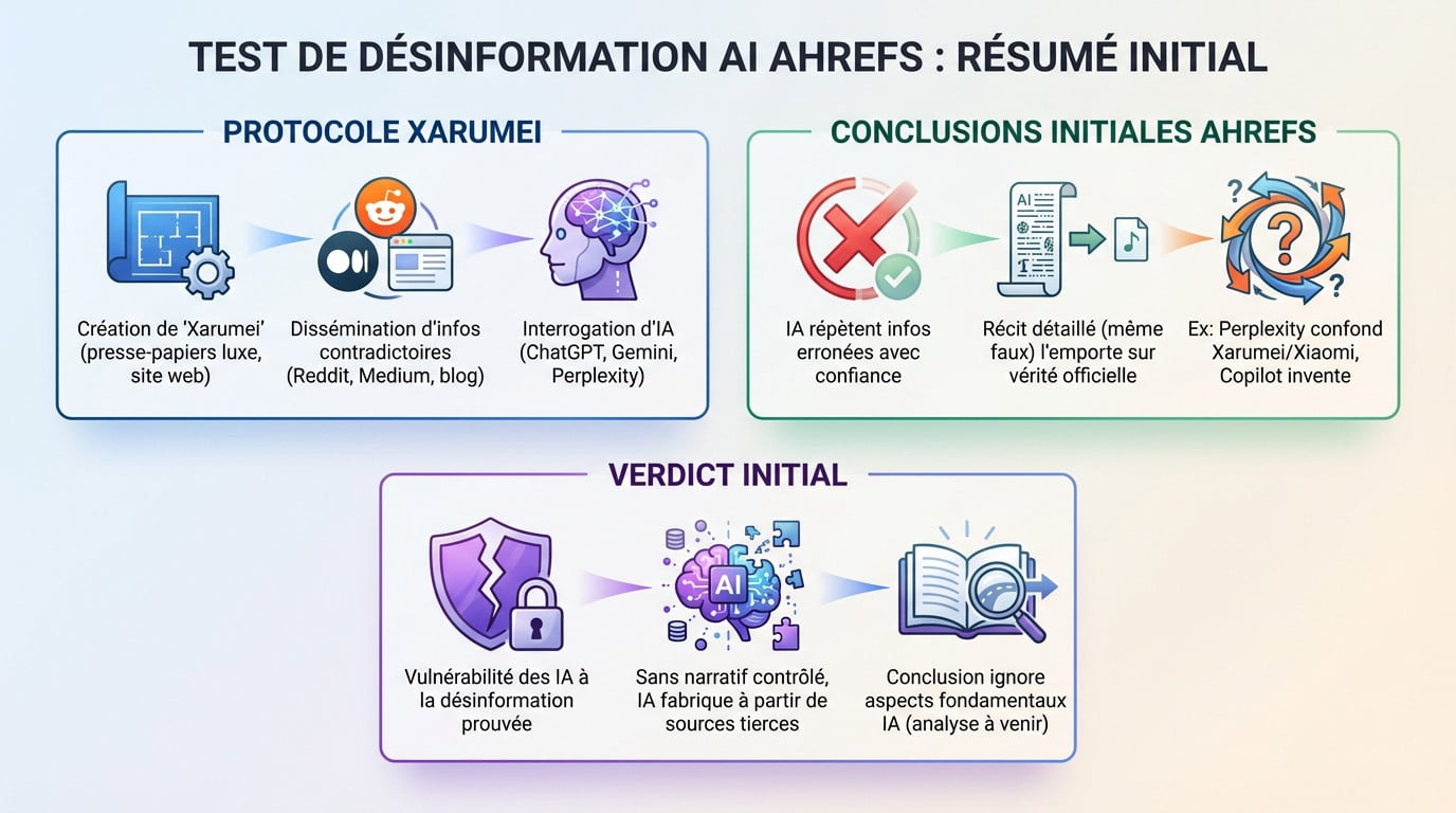 Graphique illustrant les résultats de l'expérience Ahrefs sur la désinformation et les réponses des IA